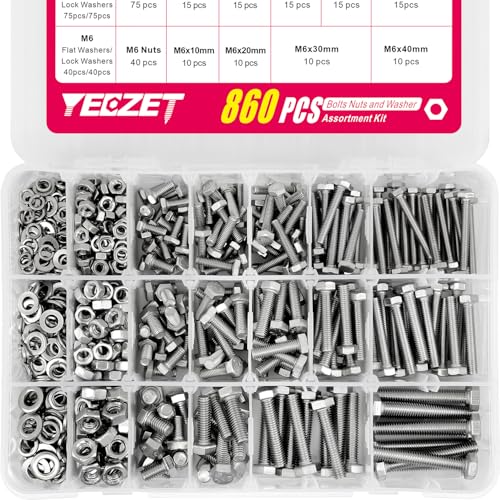 860pcs 304 Stainless Steel Metric Bolt Assortment Kit,M4 M5 M6 Bolts and Nuts Washers Assortment Set,14 Most Common Sizes M4 M5 M6 Bolts and Nuts Kit (SS304 860PCS)