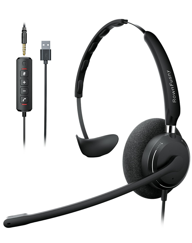 R06S Mono Wired USB Headsets for PC with Noise-Cancelling Microphone, Call Answer Button for MS Teams & IP Phones, Lightweight Design & Memory Foam Cushions for All-Day Comfort (Black) Black