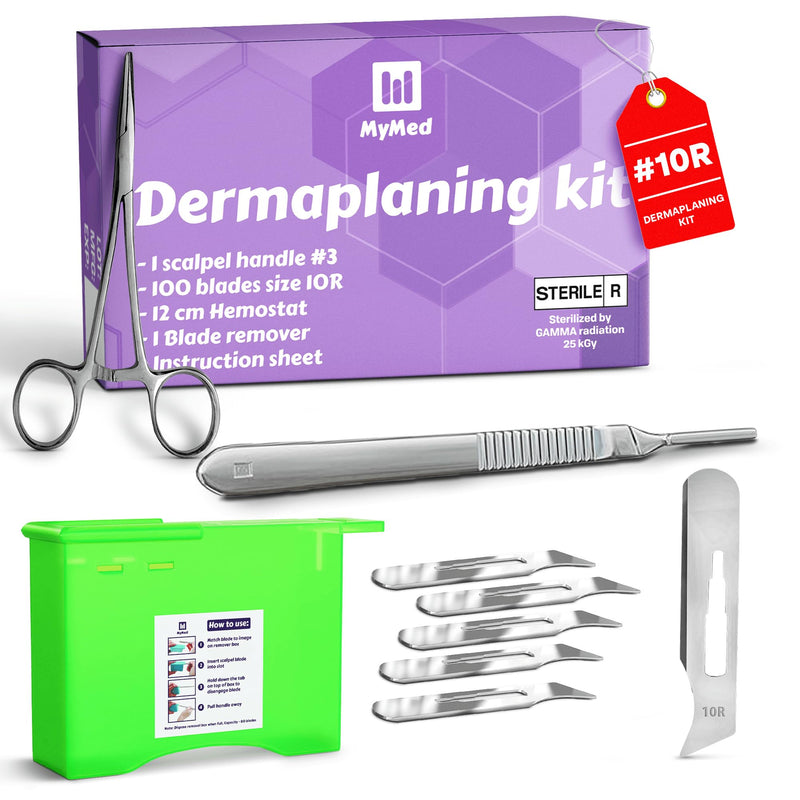 10R Blades Dermaplaning Kit Containing 10r Blades Scalpels Pack of 100 with Scalpel Handle #3 + 10R Scalpel Blade Remover Box + Hemostat by Mymed #10R