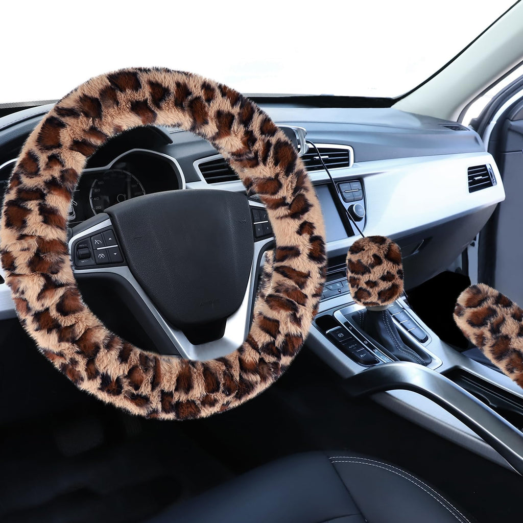 Accmor Fuzzy Car Steering Wheel Cover, Universal Fit Fur Auto Wheel Cover & Handbrake Cover & Gear Shift Cover Set, Leopard Warm Fluffy Vehicle Wheel Protector Car Accessories for Men Women (Brown) Brown/Dark Brown Leopard short hair