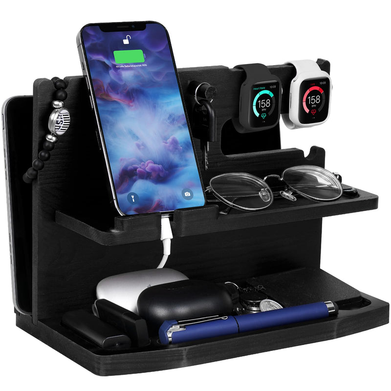 Gifts for Men Desk or Nightstand Organizer - Wood Phone Docking Station - Birthday Gifts for Husband, Fathers Day for Dad - Anniversary Idea from Wife - Key Holder, Stand Wallet, Watch & Essentials Black