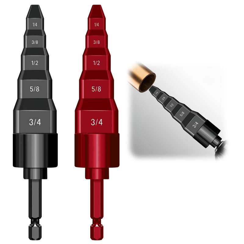 2Sets HVAC Repair Tools, Swaging Tube Flaring 5 in 1 Air Conditioner Copper Pipe Expander Flaring Swage Drill Set Copper Tubing Tool with 1/4", 3/8", 1/2", 5/8", 3/4" Bits, Black and Red