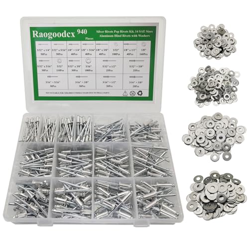 940Pcs 14 sizes Silver Pop Rivets with Washer 3/32" 1/8" 5/32" 3/16" blind rivets for metal Dome Head