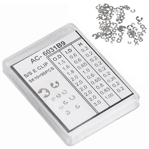 90pcs Watch Ring Clip C Clips E Clip, 9sizes 1.5-4mm External Retaining Rings, Snap Ring Assortment Kit, for Chronograph, Watch Pusher Button and Other Shafts