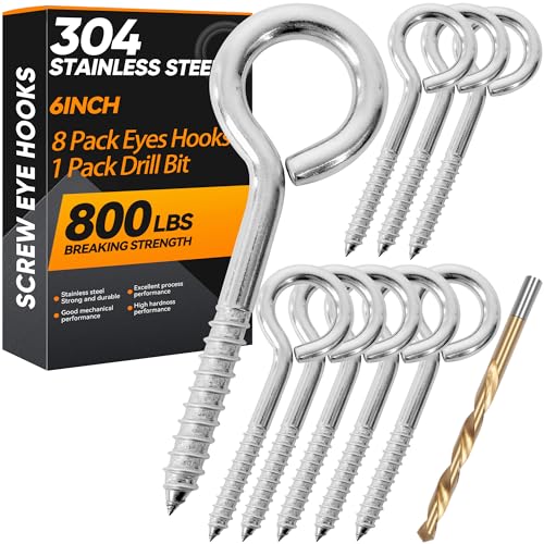 8Pcs 6 Inch Heavy Duty Screw Eyes Hooks, 304 Stainless Steel Self Tapping Eyelet Screw Eye Bolts,800LBS Breaking Strength, Screw in Eye Hooks for Wood Securing Cables Wire. (8, M10-6 Inch) 8