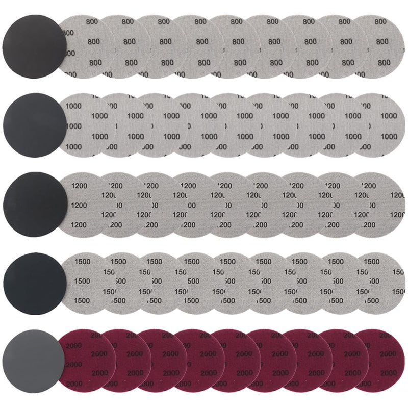 Sanding Disc Pads, 50 Pieces, Hook and Loop Sandpaper, 75mm | 800/1000/1200/1500/2000 Grits, Wet/Dry Sanding Discs for Automotive, Metal, and Wood