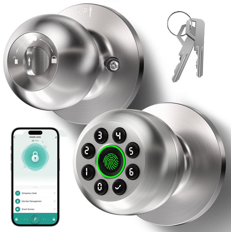 KLLOQUE Smart Fingerprint Door Lock with App Control & Key, Keyless Entry Door Knob, Electronic Keypad Door Knob,Door Locks for Bedroom,Garage,Home,Front Door, Office,Apartment-Bright Silver Bright Silver