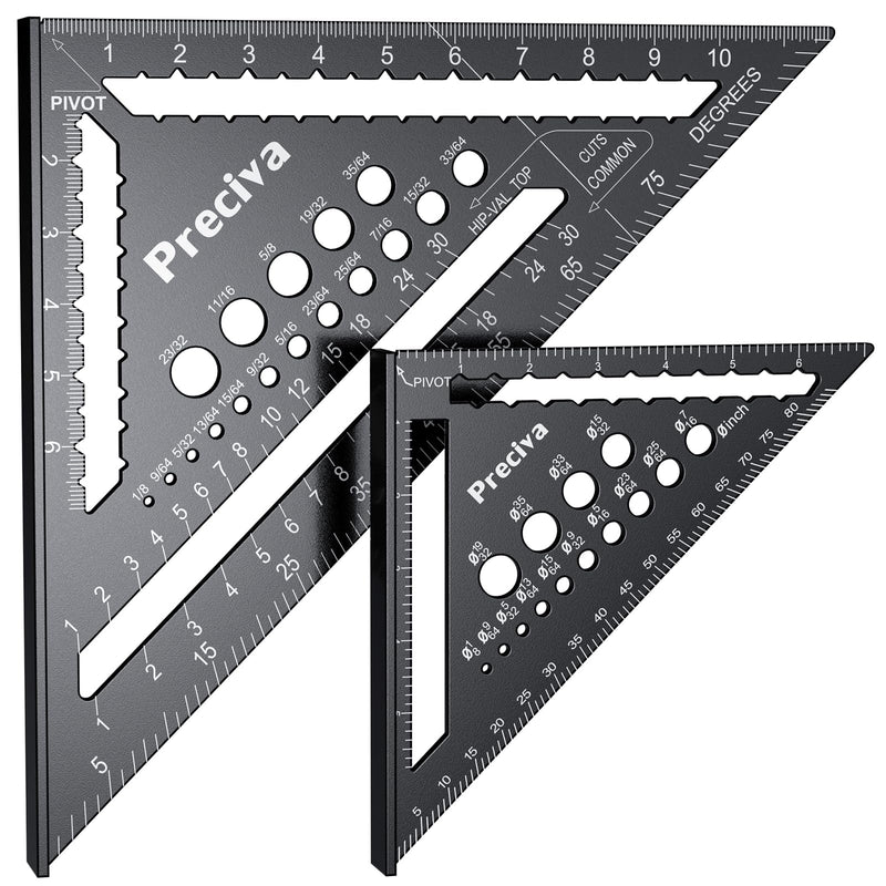 Preciva Carpenter Square Set, 12 inch (1/16" Scale) and 7 inch Rafter Square Aluminum Alloy, Multi-Purpose Carpenter Tool Measuring Layout Tool for Woodworking and Carpentry 7+12 IN