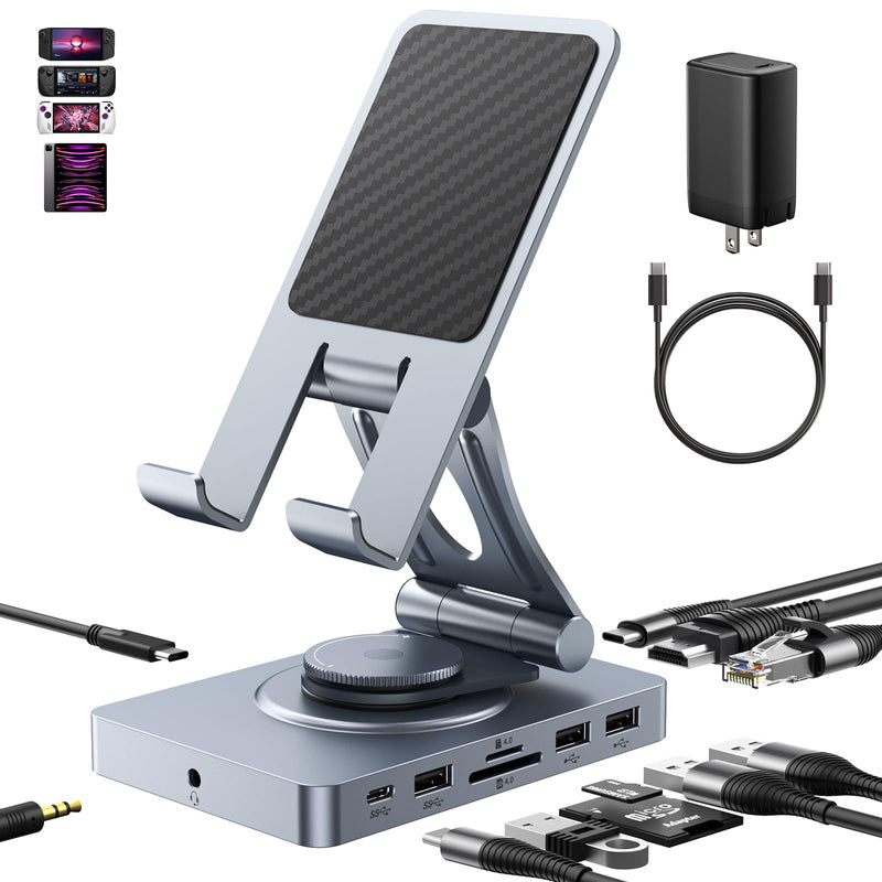 Versatile USB C Docking Station for iPad (USB-C), 11-in-1 with SD TF 4.0 Reader, 4K@60Hz HDMI, RJ45, Audio, USB A, USB c, Rotatable, Also for Tablet, Steam Deck, ROG Ally, Legion Go, with 65W Adapter With 65W Charger