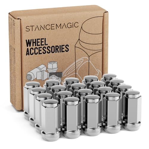 StanceMagic Set of 20 Lug Nuts Metric 14x1.5 Threads, Bulge Conical Cone Taper Acorn Seat Closed End Long Extended, 1.8 inch Length, Uses 21mm or 13/16 inch Hex Socket M14x1.5 Lug Nut, Silver Chrome