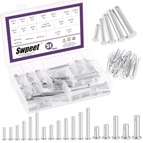 Swpeet 51Pcs 18 Size M5 M6 M8 M10 M12 Zinc Plated Clevis Pins with Cotter Pin Assortment Kit, Single Hole Flat Head Clevis Pins Split Pins Hairpin Cotter Pin Fitting Hole Location Clips Fastener