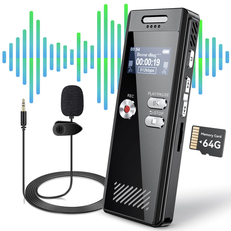 64GB Digital Voice Recorder,Voice Activated Recorder with Playback,Voice Recorder for Lectures,HD Dual Mic Tape Recording Device,Sound Audio Recorder with Line-in