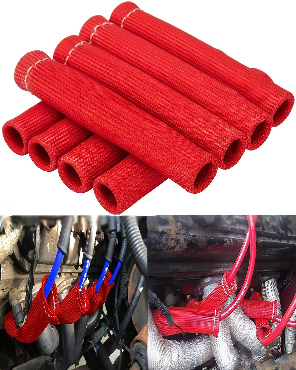 Spark Plug Wire Heat Sleeve - 8 PCS 2500° Spark Plug Wire Heat Shield, 6 Inches Spark Plug Wire Boots Protector Protection Cover Replacement for LS1 / LS2 SBC BBC 350 454 Car Truck, Red