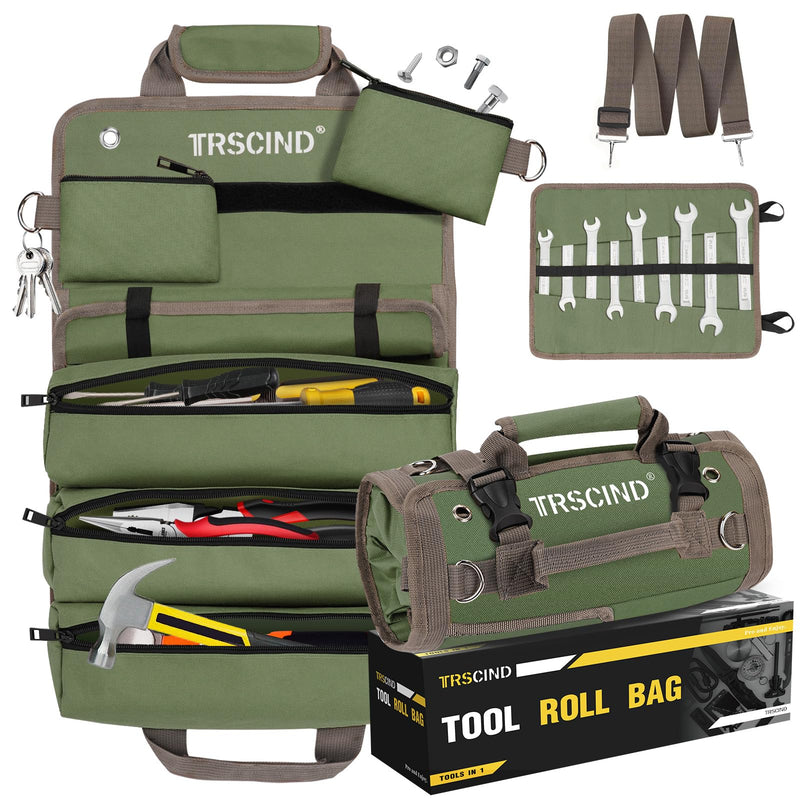 Tool Bag, Roll Up Bag, Tool Organizer with Detachable Pouches and Wrench Roll, Heavy Duty Tool Pouch, Gifts for Men Dad Fathers Day, Portable Tool Box for Motorcycle, Car, Electrician, Mechanic（Green） ARMY GREEN