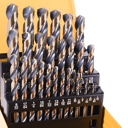 29Pcs Drill Bit Set, 135 Tip HSS with Black and Gold Finish, Metal Twist Jobber Drill Bit Kit for Hardened Metal, Steel, Plastic, Wood with Indexed Storage Case, 1/16" - 1/2" HSS-29PCS