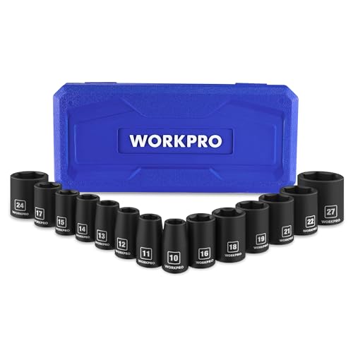 WORKPRO 1/2” Drive Shallow Impact Socket Set, Metric Cr-V Steel 6-Point Socket Set with Storage Case for Automotive Maintenance and Repairs (14PCS 10-27mm) 14 PCS, Metric