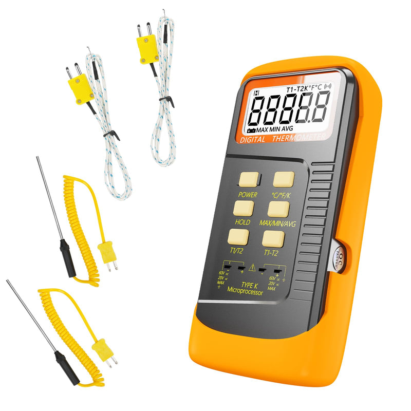 Handheld Thermocouple Thermometer, 2 Channels K Type Thermocouple Probe and 4 Thermocouples, Measuring Range -50°C to 1370°C(-58°F to 2498°F),Contains 2 Stainless Steel K Type Thermocouples 6802-02