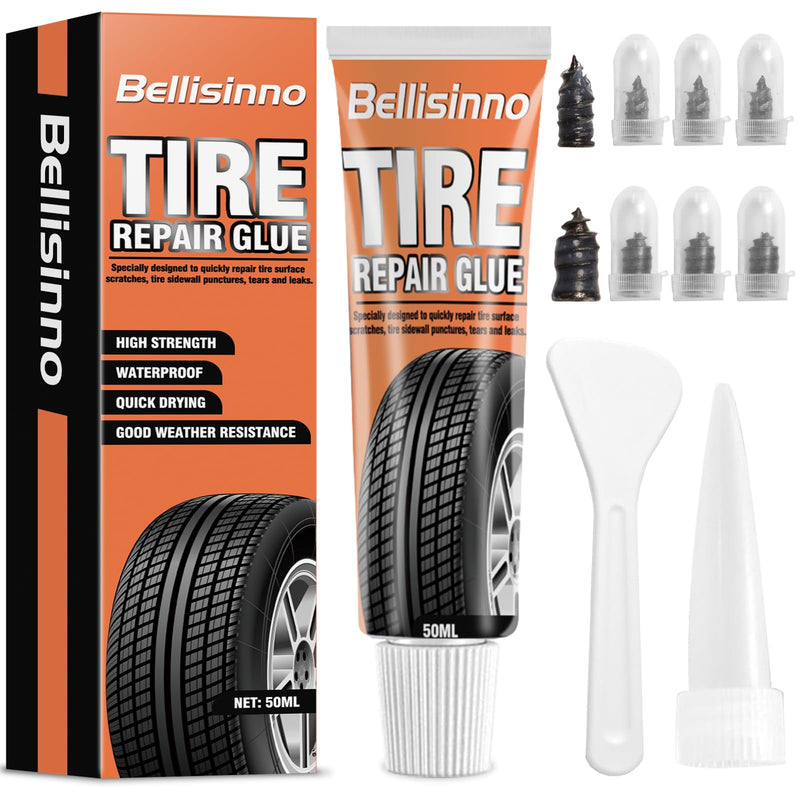 Tire Repair Glue 50ml, Black Tire Glue Sidewall Repair, Rubber Cement Tire Repair, Two Sizes Tire Repair Nail, Sidewall Tire Repair Kit for Car, Motorcycle, Bike, Off-Road, Truck, Tractor