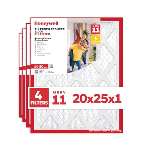 Honeywell 20x25x1 MERV 11 Allergen Reducer 11000 Electrostatic Pleated HVAC AC Furnace Air Filter (4-Pack) | Replacement Filter for Home Use | Made in USA 20x25x1 (4 Pack)