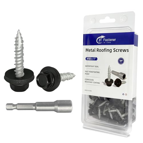 #10 x 1 Inch Metal Roofing Screws, Black Hex Head Sheet Metal Roof Screw with EPDM Washer, Sharp Point Metal to Wood Siding Screws 200-PCS