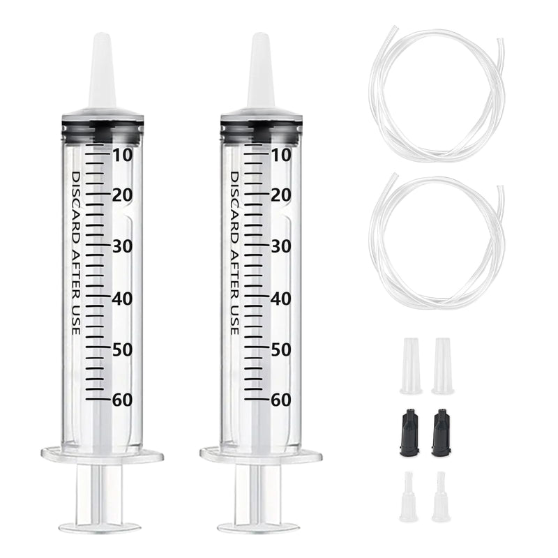 Pack of 2 60 ml Syringes with Hose, Reusable Dosing Syringes | Syringe Catheter, 60 ml (50 ml) Individually Packed Syringe without Needle for Scientific Laboratories, Garden Irrigation, Industry