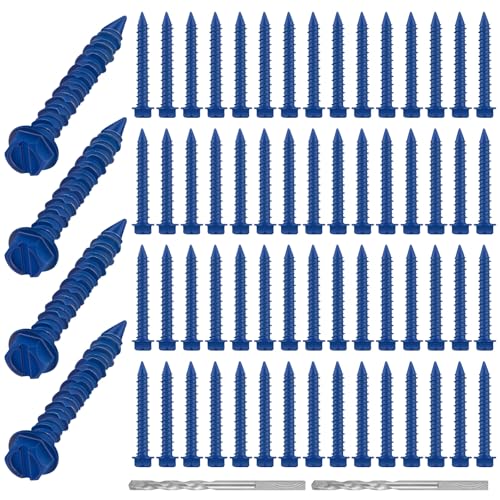MorningRo 200 Qty 1/4" x 1-3/4" Hex Head Concrete Screws Anchor with Drill Bits Blue Slotted Hex Screws for Anchor Masonry, Block, Brick, Cement, Stucco, Diamond Point and Wood Fastening 1/4" X 1-3/4"