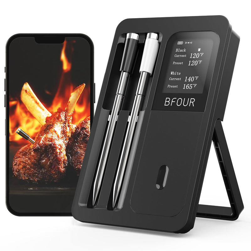 BFOUR 524FT Meat Thermometer Digital Wireless with Smart App, Bluetooth Smoker Cooking Thermometer with LCD Booster, IP67 Waterproof & 752°F Heat Resistance 2 Meat Probes for Food Grill Oven and BBQ Black