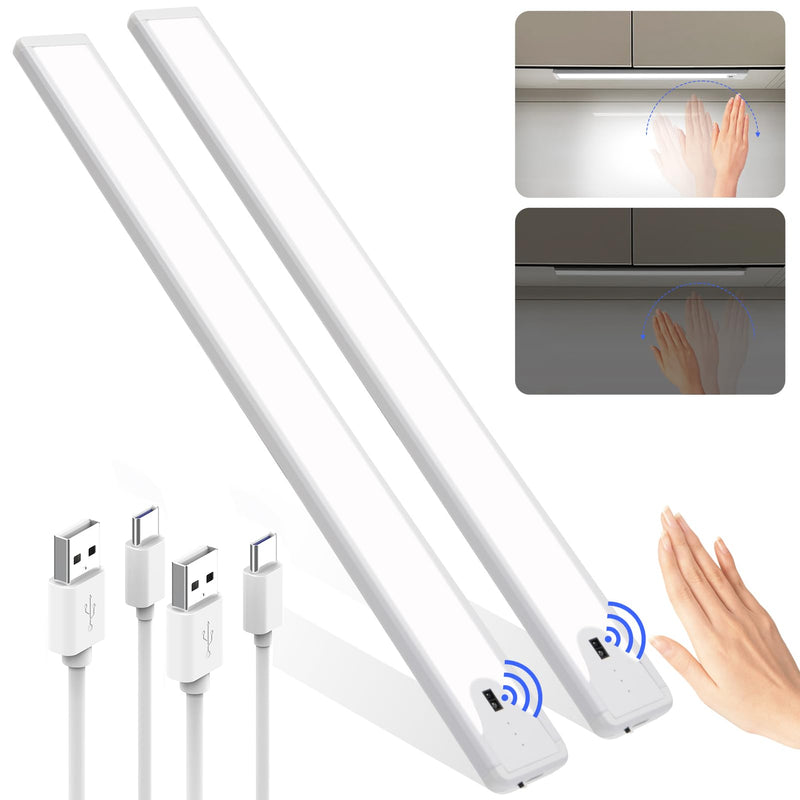 16 Inch Under Cabinet Light, Hand Wave Sensor 83 LED Indoor Cabinet Lighting, USB Rechargeable Cordless Closet Light, Stepless Dimming Under Counter Light for Kitchen, Shelves, Bedroom, 2 Pack 16 inch White Light-Hand Wave
