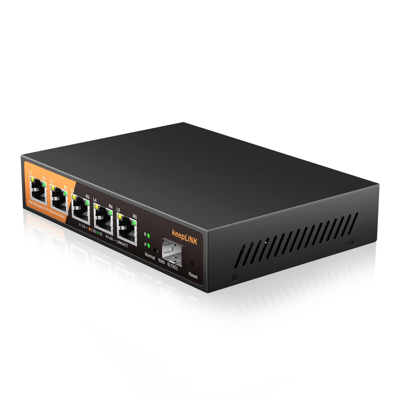 6 Port 2.5G Web Smart Managed Ethernet Switch with 5 x 2.5G Base-T Ports, 1 x 10G SFP+, Static Aggregation, QoS/VLAN/IGMP, Metal Housing Fanless, Desktop/Wall-Mount 5 Port 2.5G Switch Managed