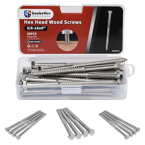 3/8-16x6 Inch Hex Head Lag Bolts, 304 Stainless Steel Wood Screws, 20PCS 3/8" x 6"