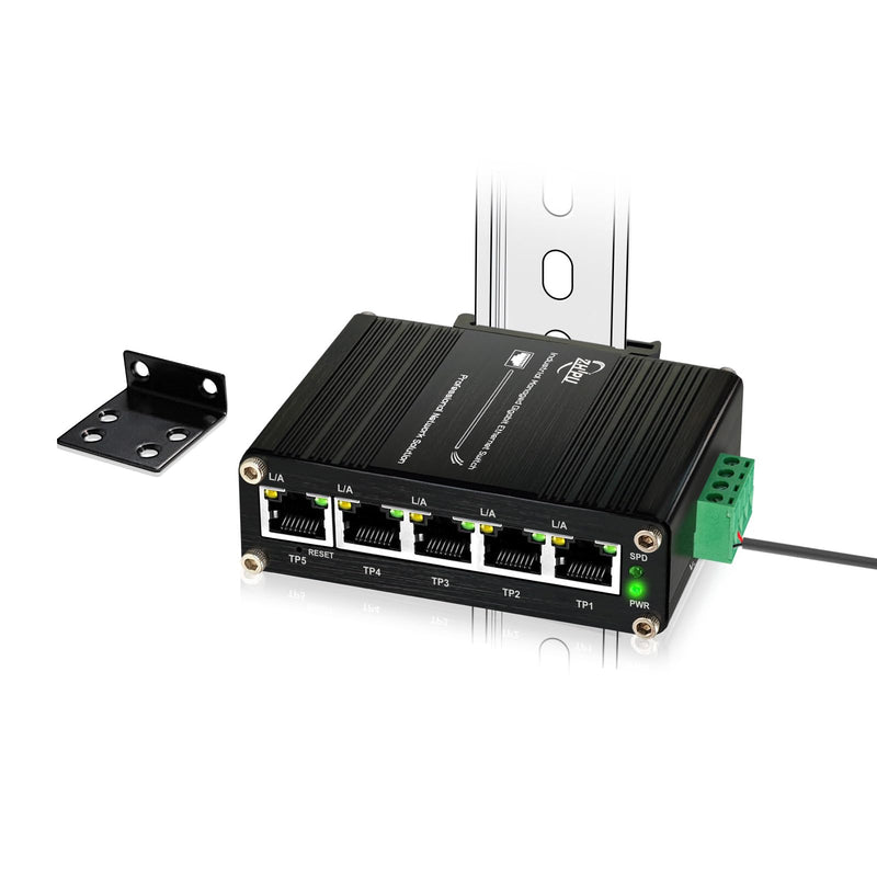 Mini Managed Industrial 5-Port Gigabit Ethernet Switch 5×10/100/1000BASE-T RJ45 Switch Support Web Management,QoS,Vlan Din Rail /Wall Mount Easy Smart Managed Network Switch Managed 5-Port Switch