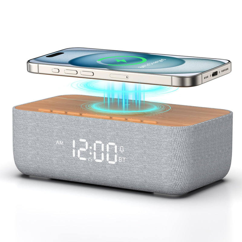 REACHER Alarm Clock Radio, Magnetic Wireless Charger for iPhone Fast Charging, Alarm Clock with Wireless Charging, Bluetooth Speaker, FM Radio, Bedroom, Bedside, Desk