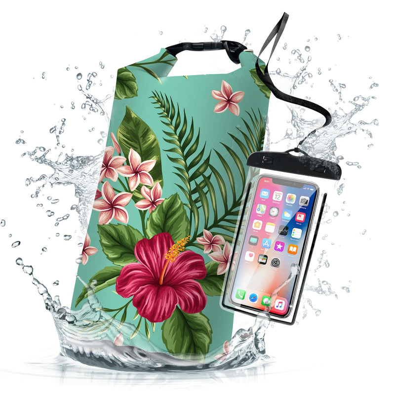 Waterproof Dry Bag,Roll Top Tropical Summer Watercolor Hibiscus Waterproof Backpack 5L/10L/20L Floating and Lightweight Bags for Kayaking, Boating, Swimming and Camping with Waterproof Phone Case 10L