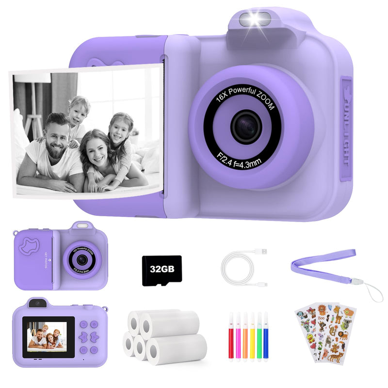 Kids Camera Instant Print,Kids Digital Camera 1080P HD Dual-Lens Selfie,Instant Print Camera with 5 Rolls Paper & 32GB Card,Toddler Camera Christmas Birthday Gifts for Girls Boys Age 3-12 Purple