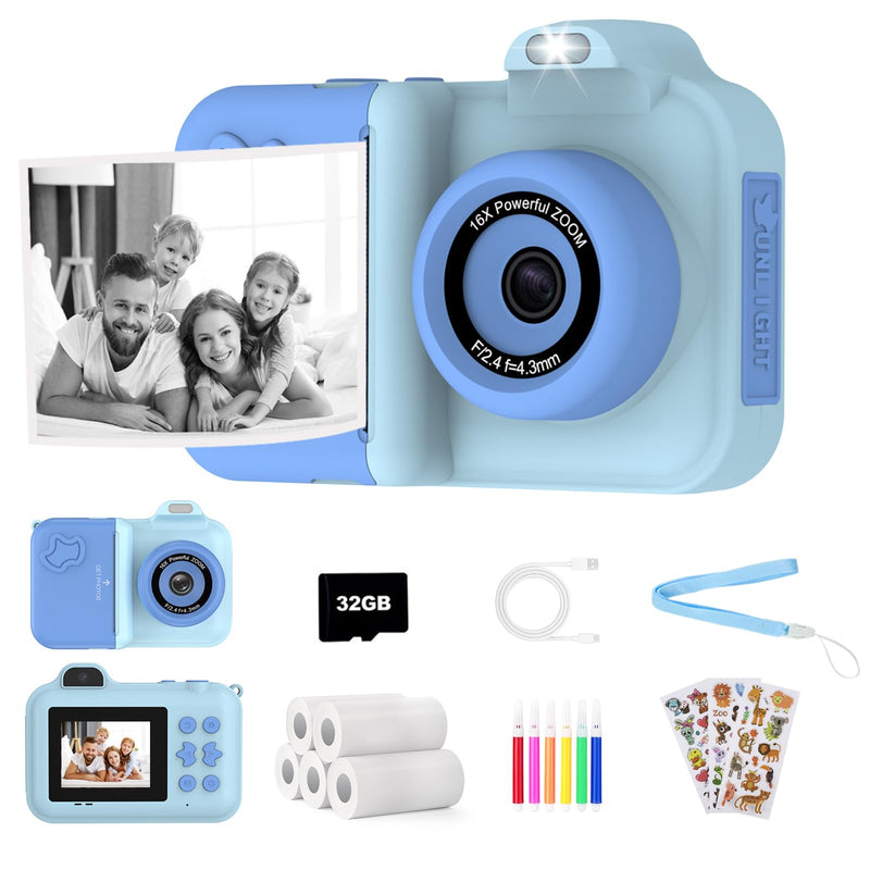 Kids Camera Instant Print,Kids Digital Camera 1080P HD Dual-Lens Selfie,Instant Print Camera with 5 Rolls Paper & 32GB Card,Toddler Camera Christmas Birthday Gifts for Boys Age 3-12 Blue