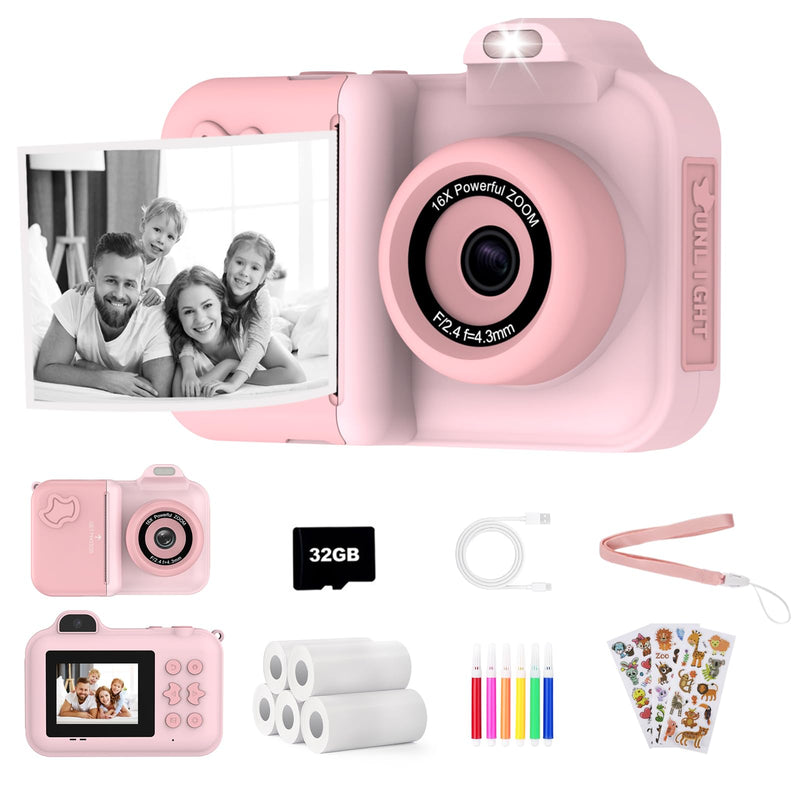 Kids Camera Instant Print,Kids Digital Camera 1080P HD Dual-Lens Selfie,Instant Print Camera with 5 Rolls Paper & 32GB Card,Toddler Camera Christmas Birthday Gifts for Girls Age 3-12(Pink) Pink