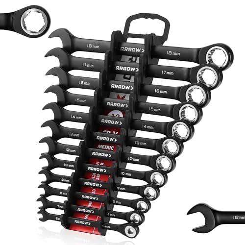 ARROW 12PCS Metric Ratcheting Wrench Set with Black Magnetic Tool Holder Metric Only