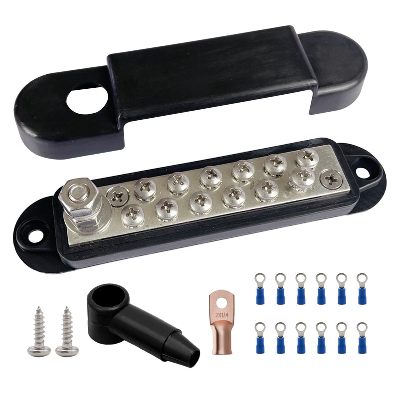 1/4" Stud & 12 x #8 Terminal Screws Ground Distribution Block Bus Bar Kit, Ampper 5.3" 12V Nickle Plated Brass Battery BusBar Junction W/Cover for Auto Boat Solar and More (Black) Black Plated Brass Kit