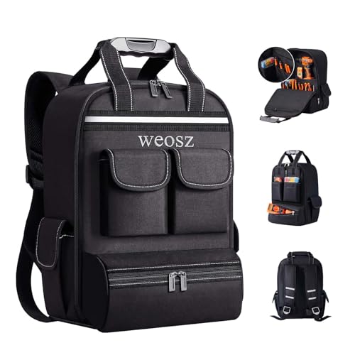 Tool Backpack for Men 18 Inch Heavy Duty Waterproof Multiple Pockets Tool Bag Organizer with Shoulder for Electrician Mechanics HVAC Engineer Black