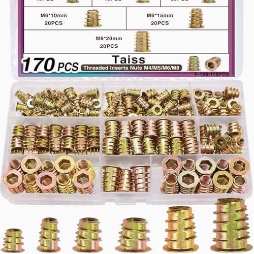 Taiss 170PCS Wood Threaded Inserts Kit, 6 Sizes, 1/4-20, Zinc & Steel, Industrial Grade, External Hex, Polished Finish
