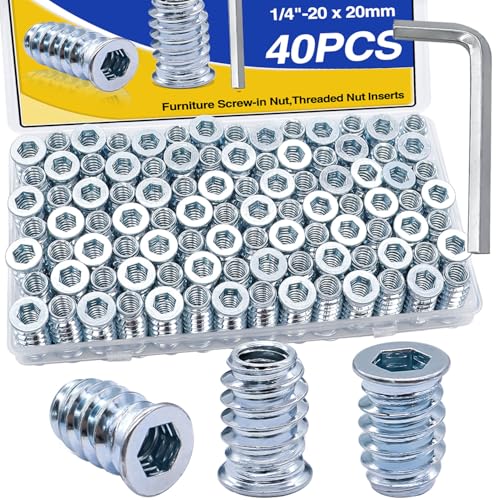 Taiss 60PCS 1/4"-20 Threaded Inserts for Wood,Hex Socket Drive Insert Nuts+30pcs 1/4-20 x 3/4" Flat Head Socket Head Screw+170PCS Threaded Inserts Nuts