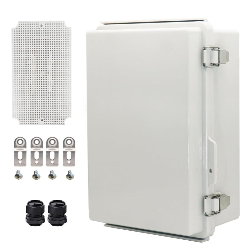 Waterproof Electrical Box with Mounting Plate, IP67 Junction Box Stainless Steel Latch Hinged Grey Cover Project Enclosure with Wall Bracket and 2 Glands 10.2" x 6.3" x 3.9" 10.2" x 6.3" x 3.9"