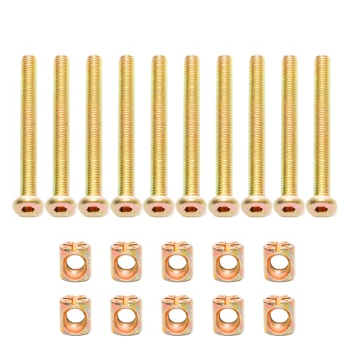 Lilaly 10 Set M6 x 60mm Barrel Nut and Bolt Set, Gold, Galvanized, Hex Head, Hex Shaft, Carbon Steel, Universal Furniture Hardware Kit M6 * 60mm