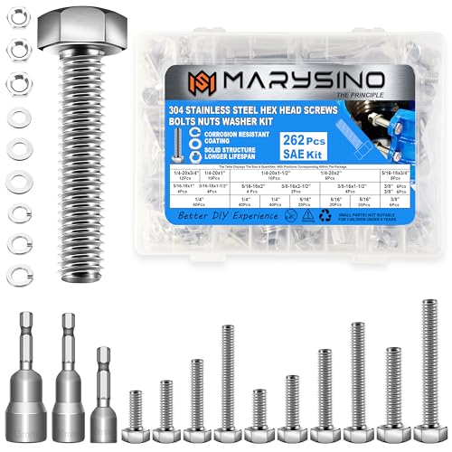 262Pcs Stainless Steel Hex Head Nut and Bolt Assortment Kit - 1/4-20, 5/16-18, 3/8-16 Metric Bolt Kit with Washers 262Pcs 1/4" 5/16" 3/8"
