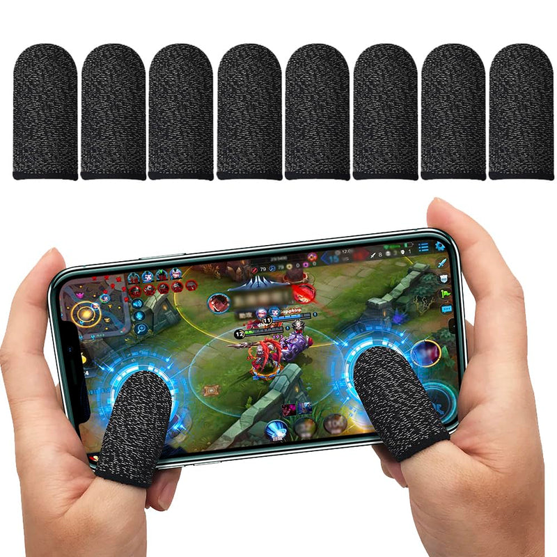 Gaming Finger Sleeves for Mobile Gaming, Gaming Gloves 8 PCS 0.3 mm Silver Fiber, Anti Sweat, Extremely Thin,Breathable Seamless Touchscreen Finger Cover Thumb Sleeve Fit Phone Game Tablet Devices Black 8PCS