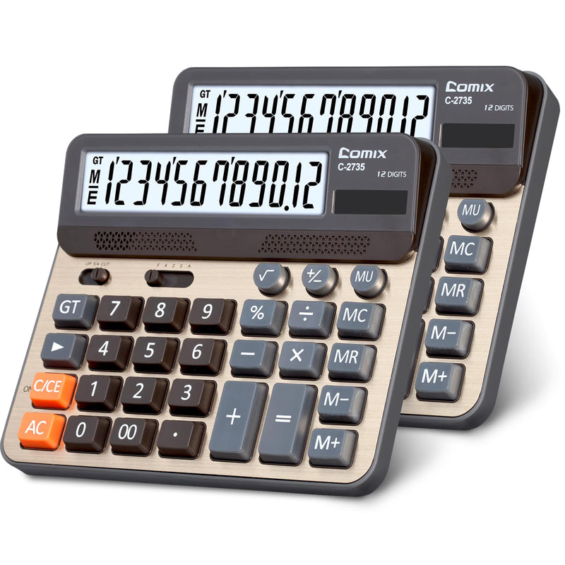 Comix Desktop Calculator, Large Computer Keys, 12 Digits Display, Champaign Gold Color Panel, C-2735, 2-Pack Gold 2Pack