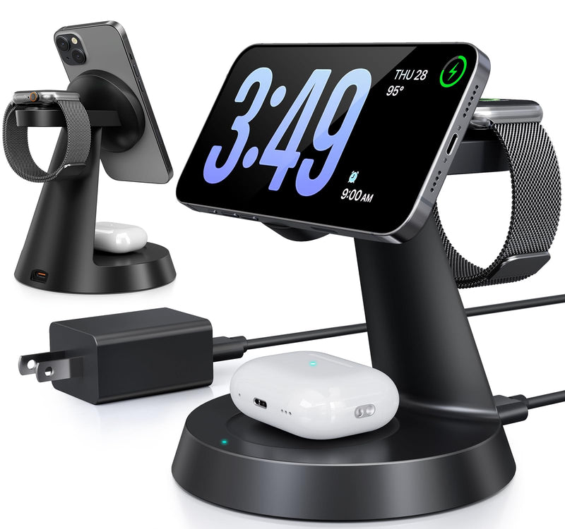 3 in 1 Wireless Charging Station for Apple, Charger Stand for Multiple Apple Devices, Wireless Charging Station for iPhone 16/15/14/13/12 Series, Wireless Charger for AirPods, iWatch Series (Black) Black