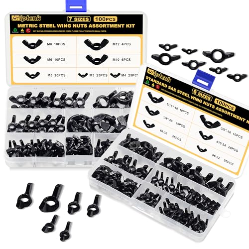 Siptenk 200PCS Black Metric SAE Wing Nuts Assortment M3-M12 6-32 to 3/8"-16 200 SAE & Metric