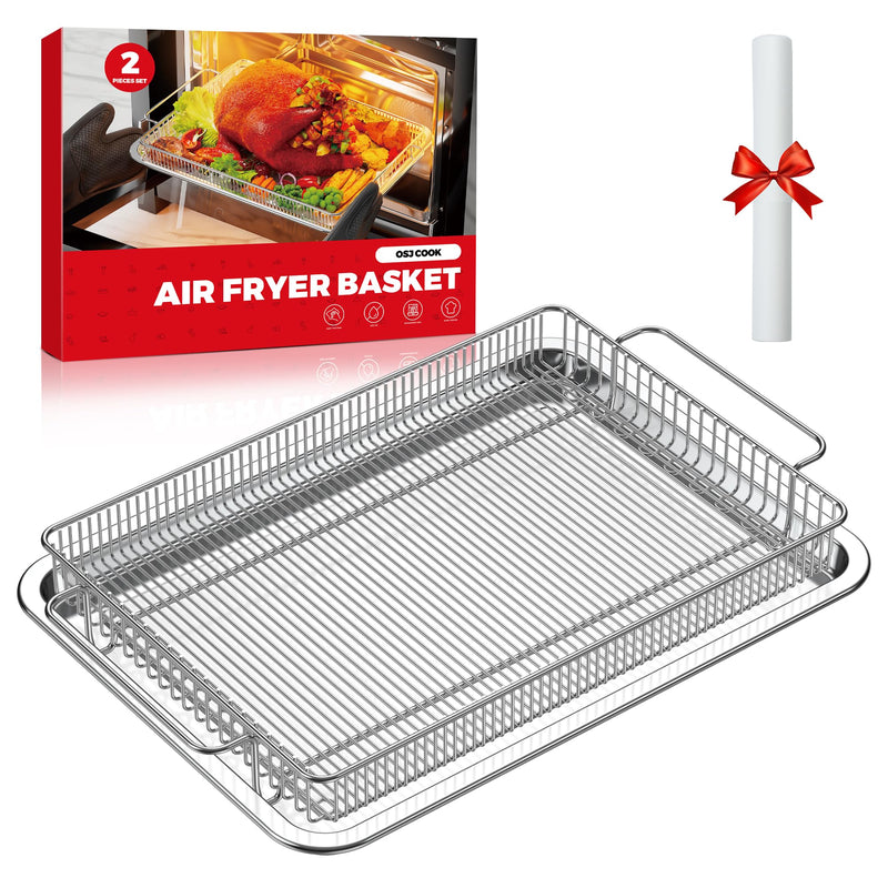 Air Fryer Basket for Oven with Upgraded Striped Mesh, 13.9" x 8.8" Thick Food-Grade Stainless Steel Rack & Tray Set with 50 Parchment Sheets for Baking, Grilling & Roasting basket/13.9in" * 8.8in" & tray/12.9in" * 9.7in")