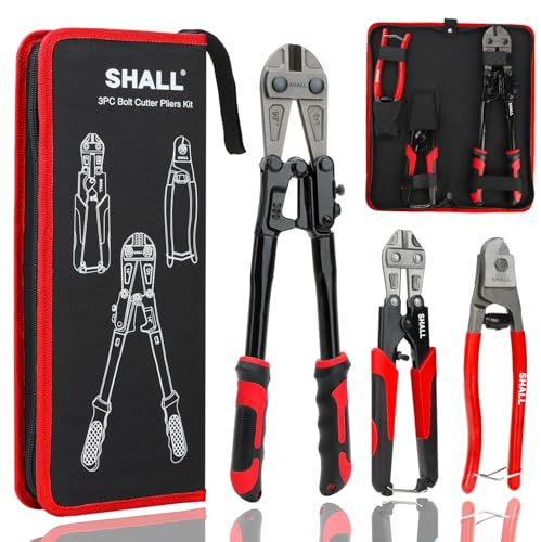 SHALL 3-Piece Bolt Cutters, 14" Heavy Duty Bolt Cutter, 8" Mini Bolt Cutter, 8" Wire Rope Cutter, Ergonomic Handle, More Efficient Leverage for Cutting Locks, Chains, Iron Wire, Carrying Case Included Red